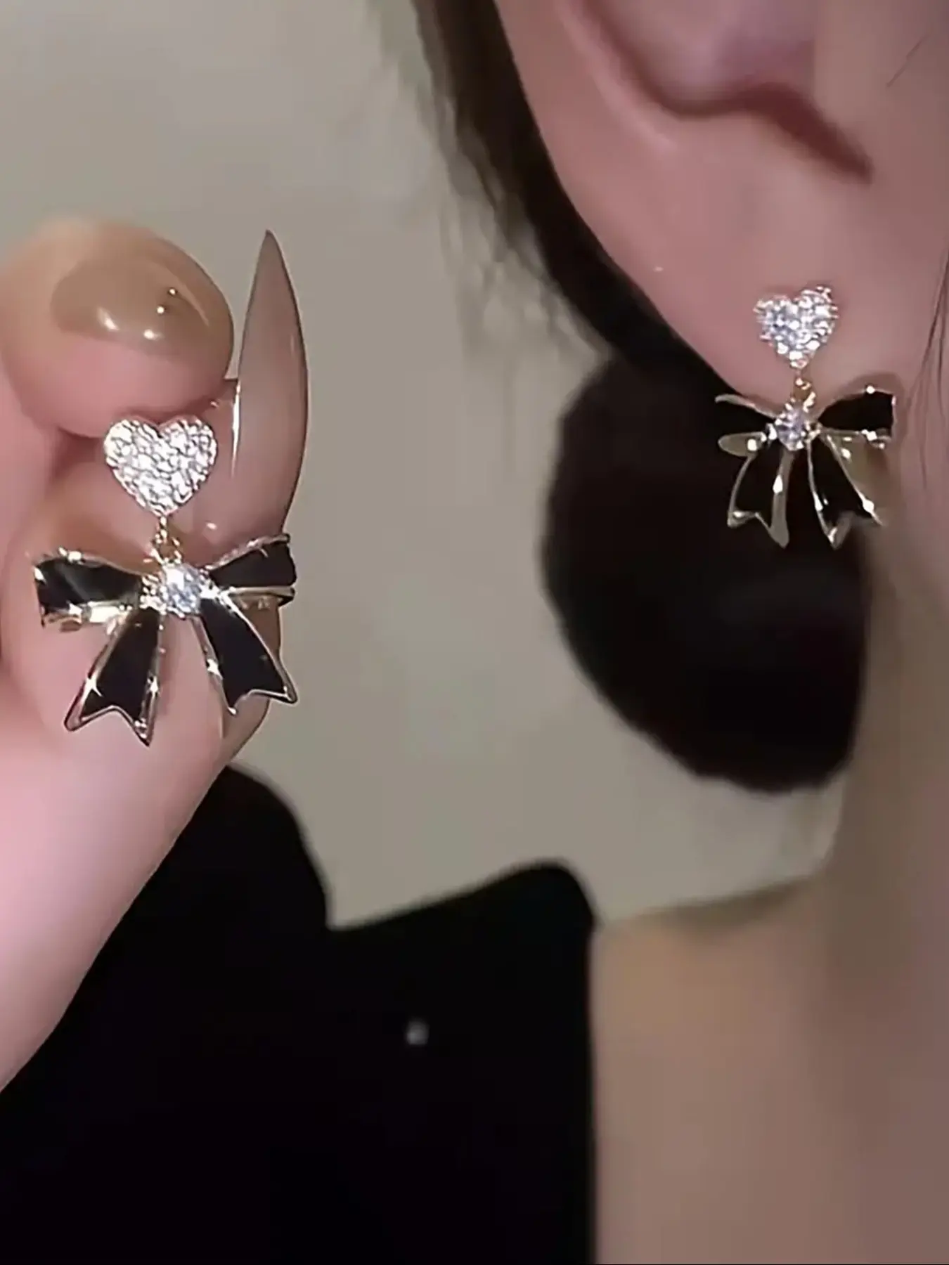 Elegant Bowknot Rhinestone Heart Shaped Unique Design Earrings Studs, Sparkling Ear Jewelry, Fashion Jewelry, Perfect Daily Wear & Holiday Gift, Casual Style Alloy Chain, All Seasons Jewelry, Jewelry Gifts