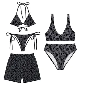 Black Floral Matching Couple Swimwear Set 4th of July,Dark Aesthetic Gothic Camouflage Bikini & Mesh Shorts outfits, Couple Beachwear
