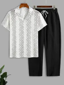 Men's Stretch Knit Jacquard Short Sleeve Tropical Shirt & Lyocell Linen Blend Pants Set, 2 Piece Breathable Casual Summer for Beach Daily Vacation Outfit