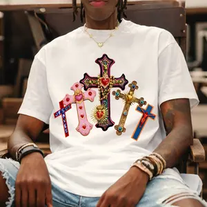 Men's Trendy Cross Printed Pure Cotton Short-Sleeve Shirt — Unisex Casual Wear, Ideal for Spring and Summer; Cool Graphic Tee featuring a Classic Crew Neck Design; Soft Cotton Fabric, Suitable for All Seasons