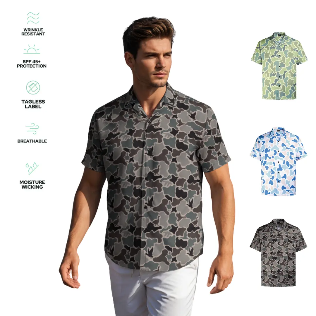 Men's Hawaiian Duck Hunting Camo Shirt, Short Sleeve Button-Up, Classic Fit, Summer Outdoor Look, Gift for Dad or Him, Camouflage Vacation Shirt Camo White Casual