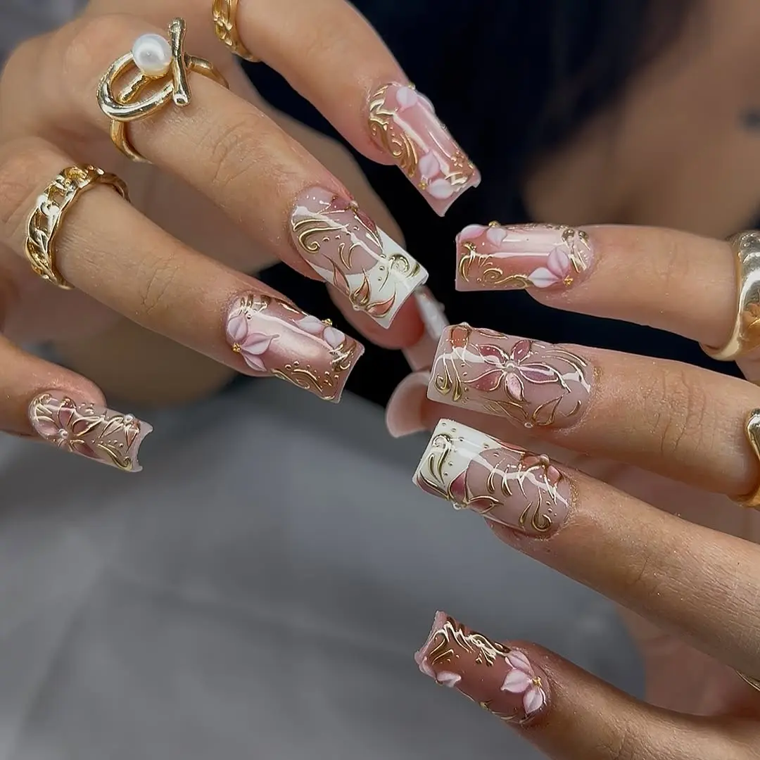 Julina Beauty | Blush Bloom Luxury Press On Nails  Pink White 3D Flower Long Square Fake Nails Reusable