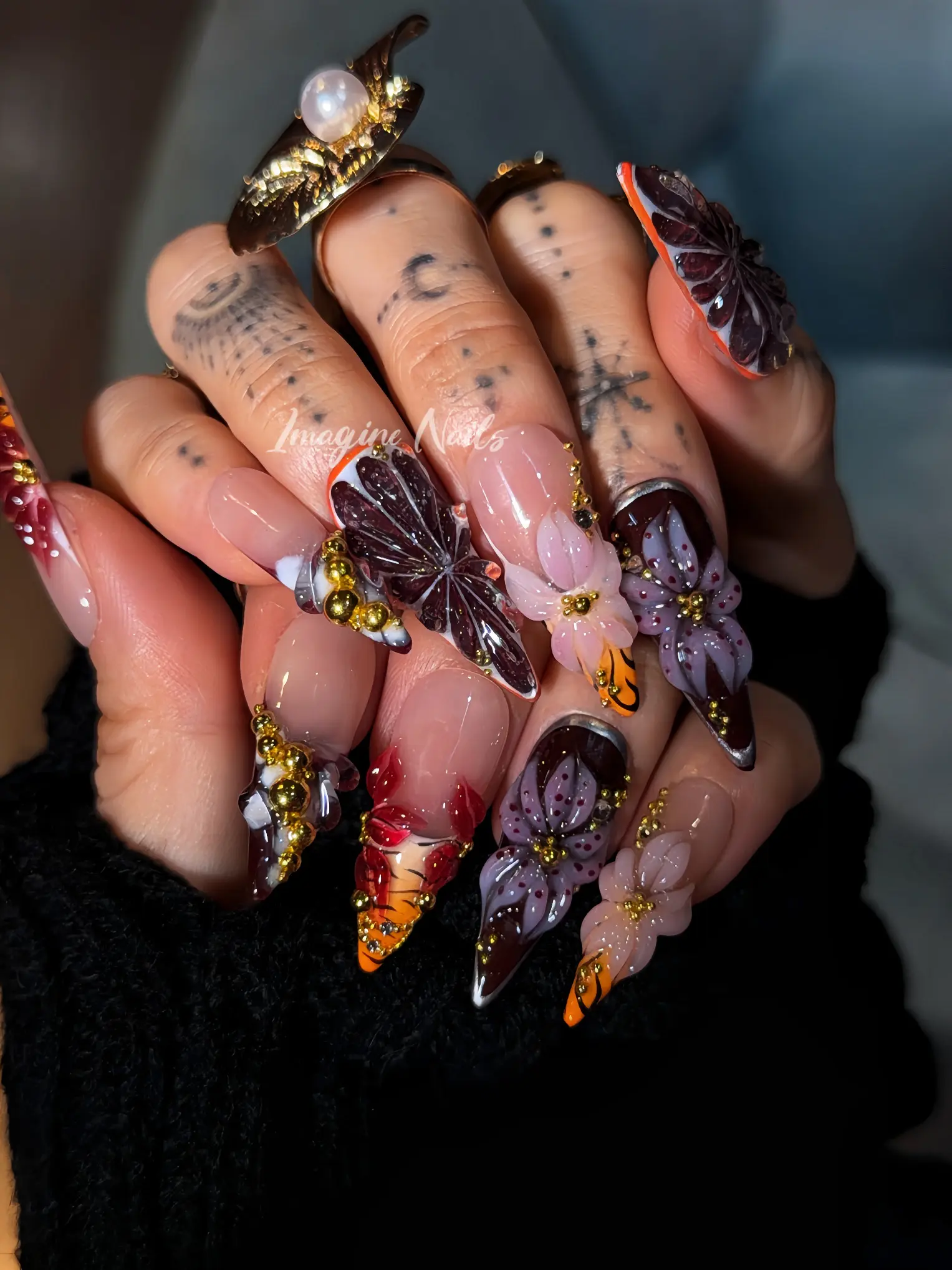 Imagine nails hand ceafted 3d flower  Handmade Press on nails | Reusable | Salon Quality,Long Lasting,Unique Design | Give rings