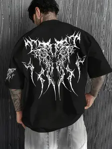 Unisex Gothic Metal Font Print T-Shirt, Menswear, Loose Fit Casual Summer Streetwear, Couples' Fashion, Dark Thorn Design, Trendy Subculture Clothing
