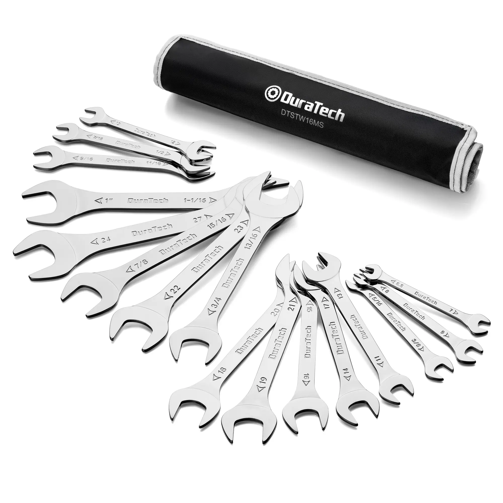 #fathersdaygift DURATECH Super-thin Open End Wrench Set, SAE(5/16" to 1-1/16") & Metric(5.5mm to 27mm), 16-Piece, Slim Spanner Wrench Set with Rolling Pouch