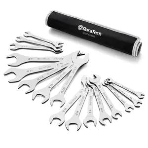 DURATECH Super-thin Open End Wrench Set, SAE(5/16" to 1-1/16") & Metric(5.5mm to 27mm), 16-Piece, Slim Spanner Wrench Set with Rolling Pouch