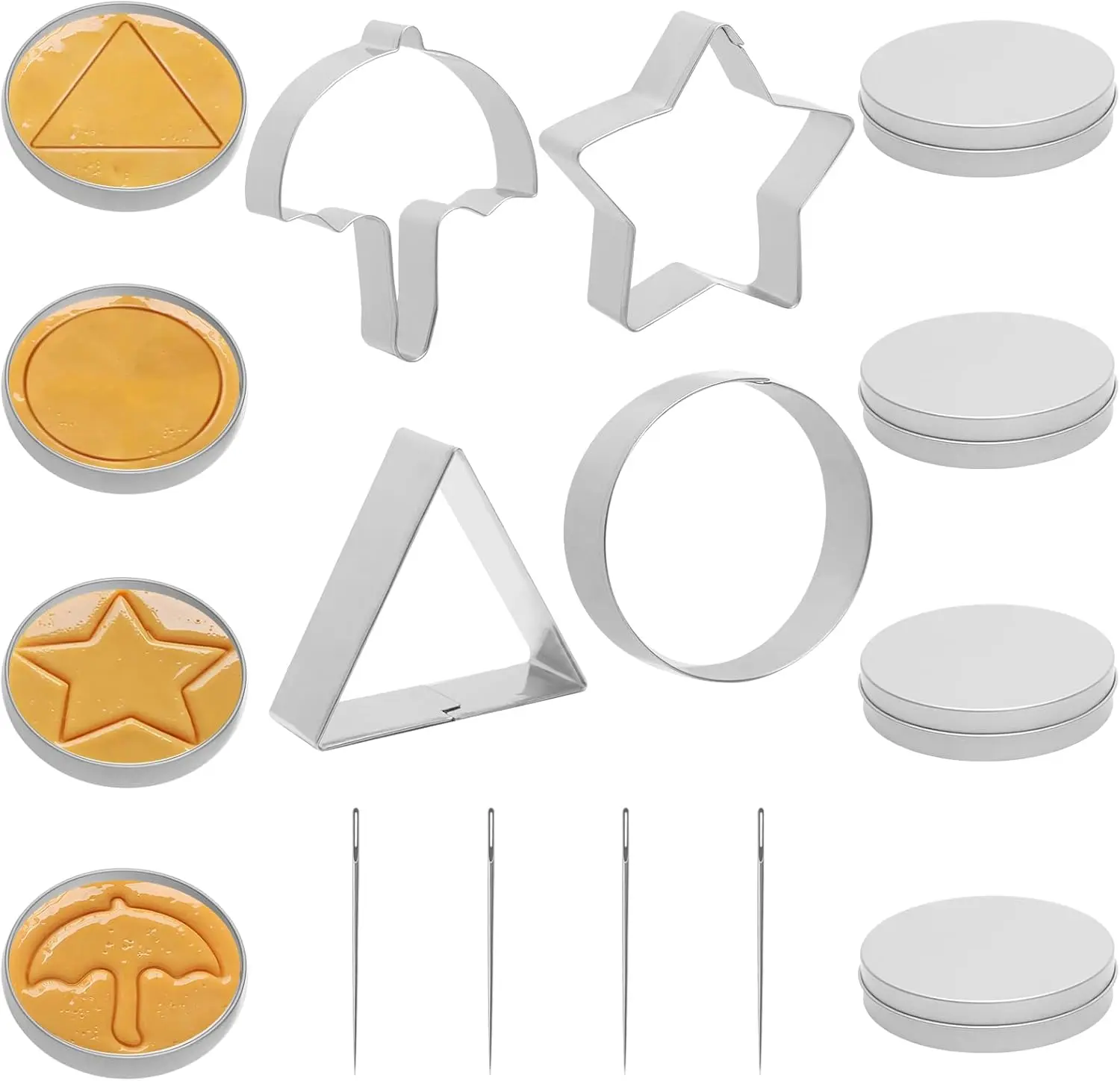 4 Set Korean Dalgona Cookie Kit, Squid Sugar  Cookie Set with Stainless Steel Round, , Umbrella, Triangle Cookie Cutters for DIY Baking &  Party