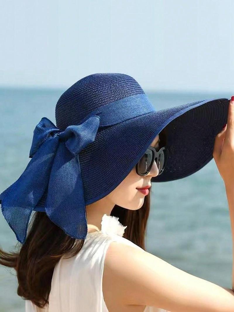 2025 New Extra Wide Brim Straw Hat, Women's Sun Protection Beach Hat, Summer Foldable Casual Elegant Polyester Bowknot Decor Hat, Suitable For Beach, Street, Spring/Summer
