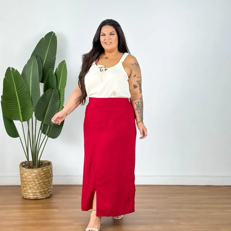 Elegant High-Waist Linen Maxi Skirt with Front Slit Plus Size for Women