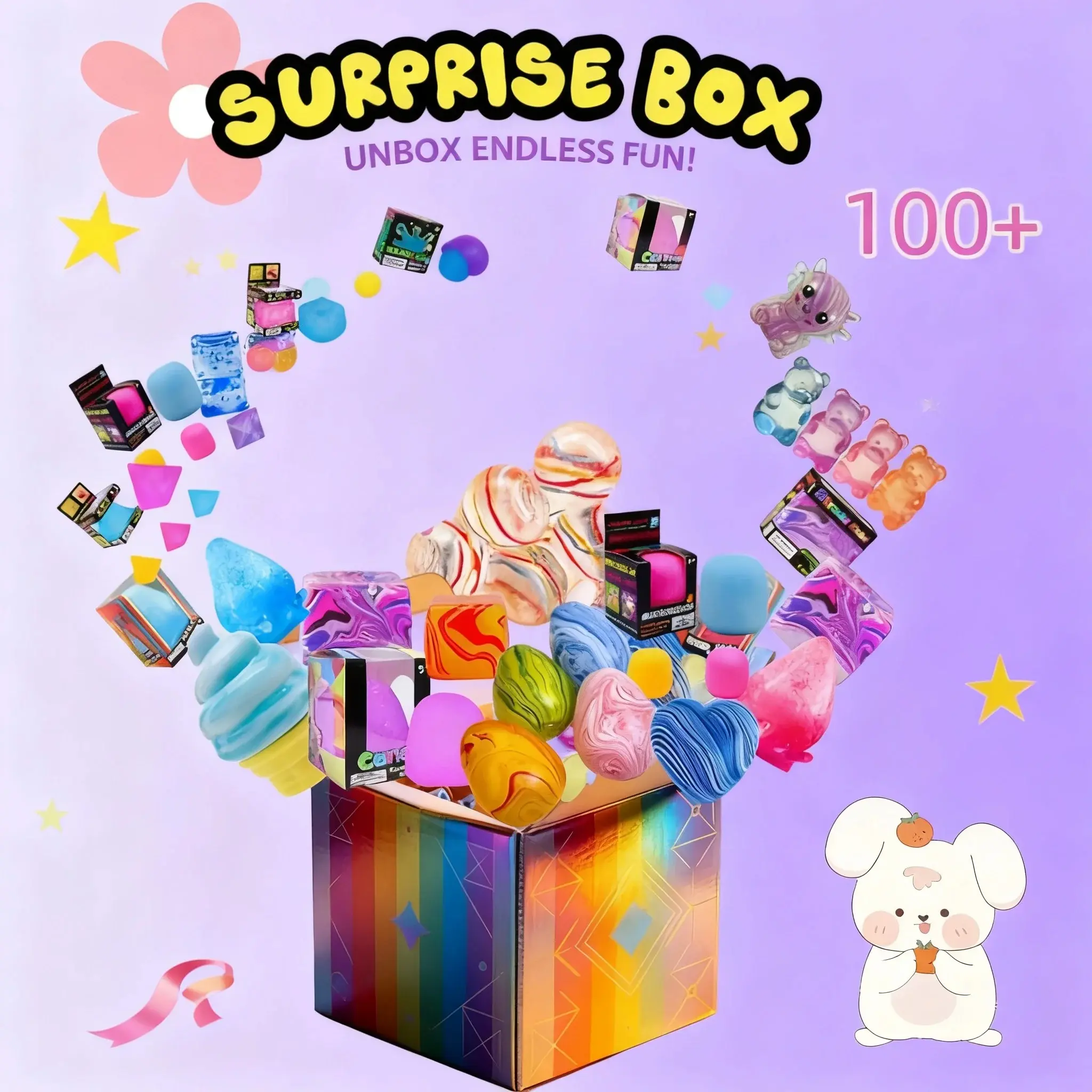 Assorted Squishy Blind Box Toys 100+Pcs Surprise Stress Relief Figures Includes Giant Yellow Gorilla Moai Head Panda Rabbit