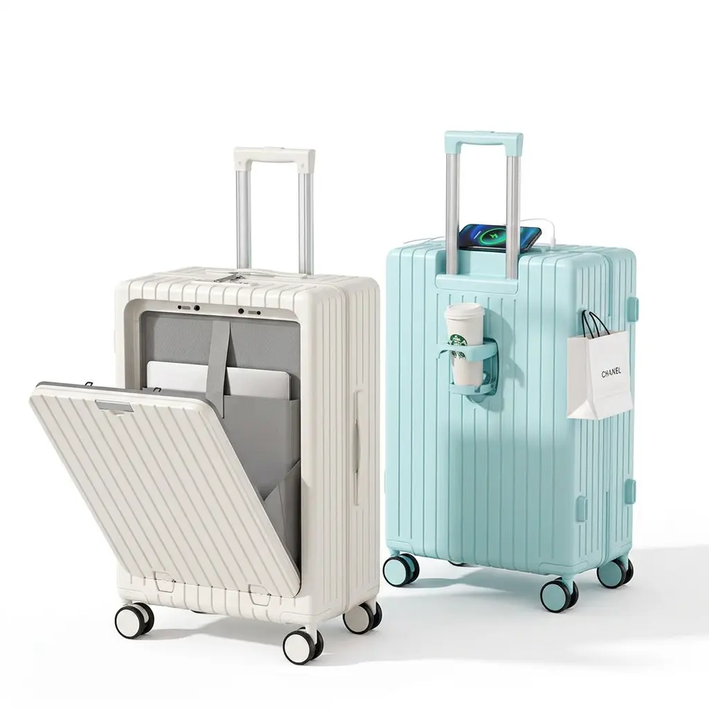 LING RONG Front-Opening Hard Shell Carry-On Luggage, Multifunctional Suitcase with Cup Holder, USB Port, TSA Lock, 360° Spinner Wheels