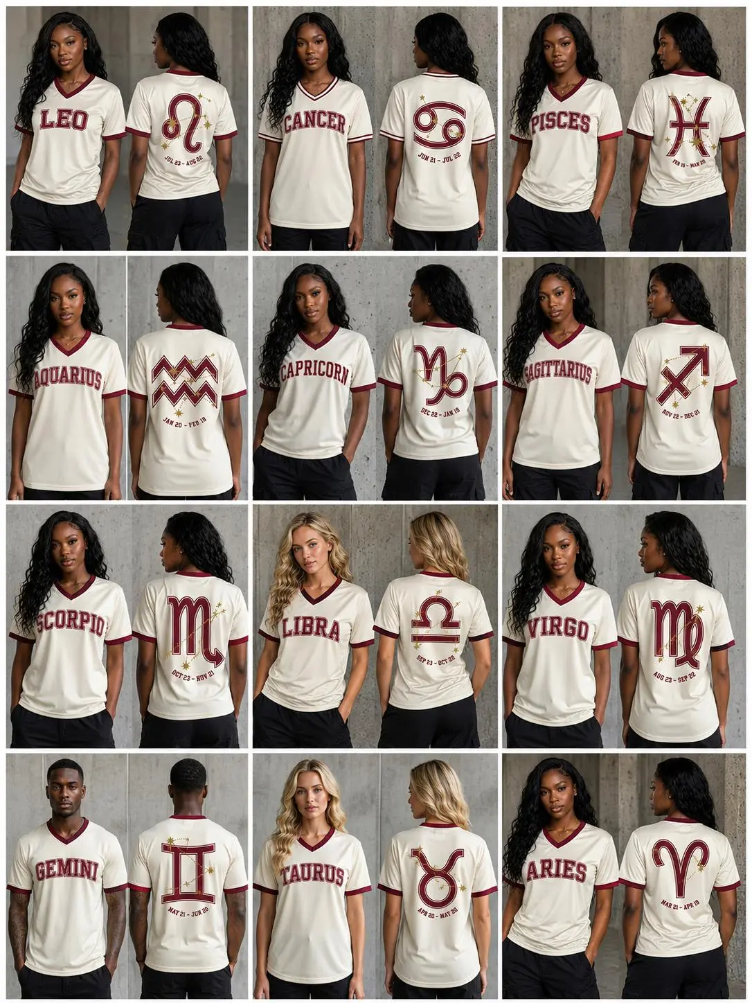MADE IN USA 12 Zodiac Signs Graphic Tees - Ivory V-Neck Ringer Baseball Jersey, Astrology Constellation Varsity Top (Aries, Cancer, Gemini, Sagittarius, Virgo, Pisces) - Birthday Gift For Women Men