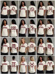 12 Zodiac Signs Baseball Jersey Shirt MADE IN USA, Ivory V Neck Ringer Tee, Astrology Horoscope Graphic Sports Top, Aries To Pisces Constellation Varsity Shirt, Birthday Gift For Women Men