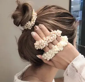 3-Pearl Hair Scrunchie - Durable Elastic Band, Intricate Detailing, Secure Hold, Reduced Breakage, Elegant Versatile Fashion Accessory for Casual, Formal Looks