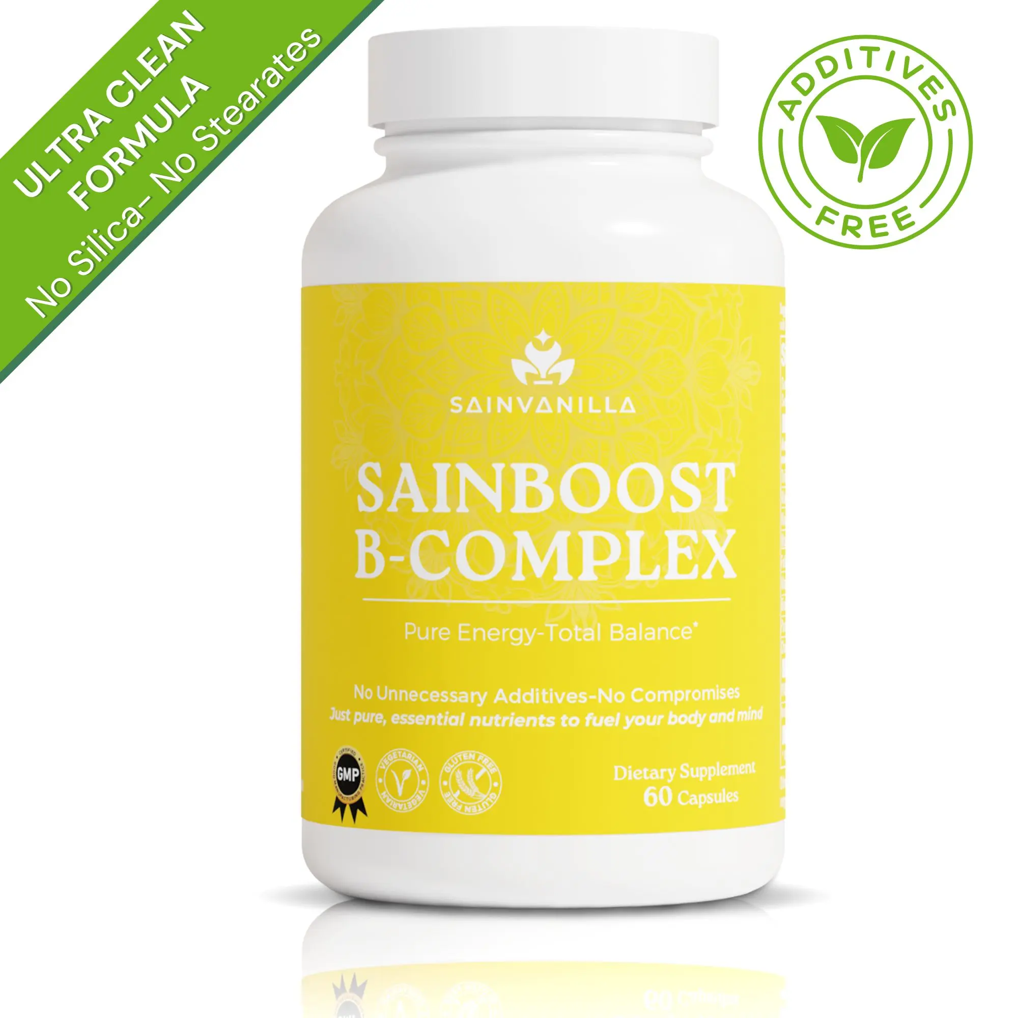 SainBoost B-COMPLEX Complete B Vitamin Formula for Energy Focus & Metabolic Health - 60 Vegetarian Capsules - Additive-Free Clean Formula - 100% Vegetarian - 2-Month Supply - Healthcare