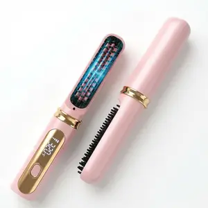 2-in-1 Travel Cordless Hair Straightening Comb – Fast Heating Ionic Brush for Frizz-Free Hair – Rechargeable Heated Comb for Women Adjustable Hair Straightener