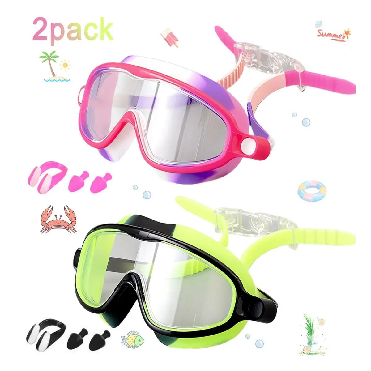 Swimming Goggles 2 Counts Pink Green Color Antifog Antiuv Wide Angle Goggles for Swimming Waterproof Leakproof Swim Goggles for 315 Years