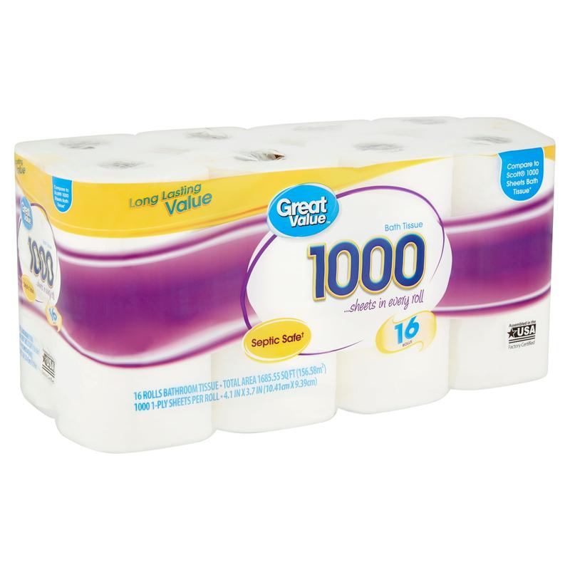 (3 pack) Great Value 1000 Bath Tissue Rolls, 16 Rolls