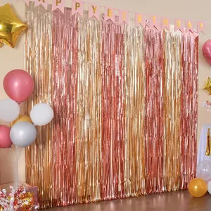 2 Pack Rose  Birthday Decorations, 3.3x6.6ft  and  Foil Fringe Curtains, Tinsel Streamers Backdrop Photo Booth Props for Bridal Shower Ballerina Valentine's Party Decor