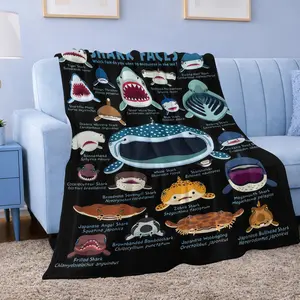 2D Funny Shark Face Coastal Style Flannel Throw Blanket Soft All-Season Lightweight Sofa Travel Blanket Cute Animal Print Blankets for Home Camping
