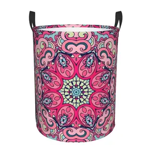 Floral Mandala Pattern Laundry Hamper - Foldable Round Storage Tote with Handles, Oxford Cloth Organizer Basket for Clothes & Toys, Holiday Gift Idea for Women/Mom