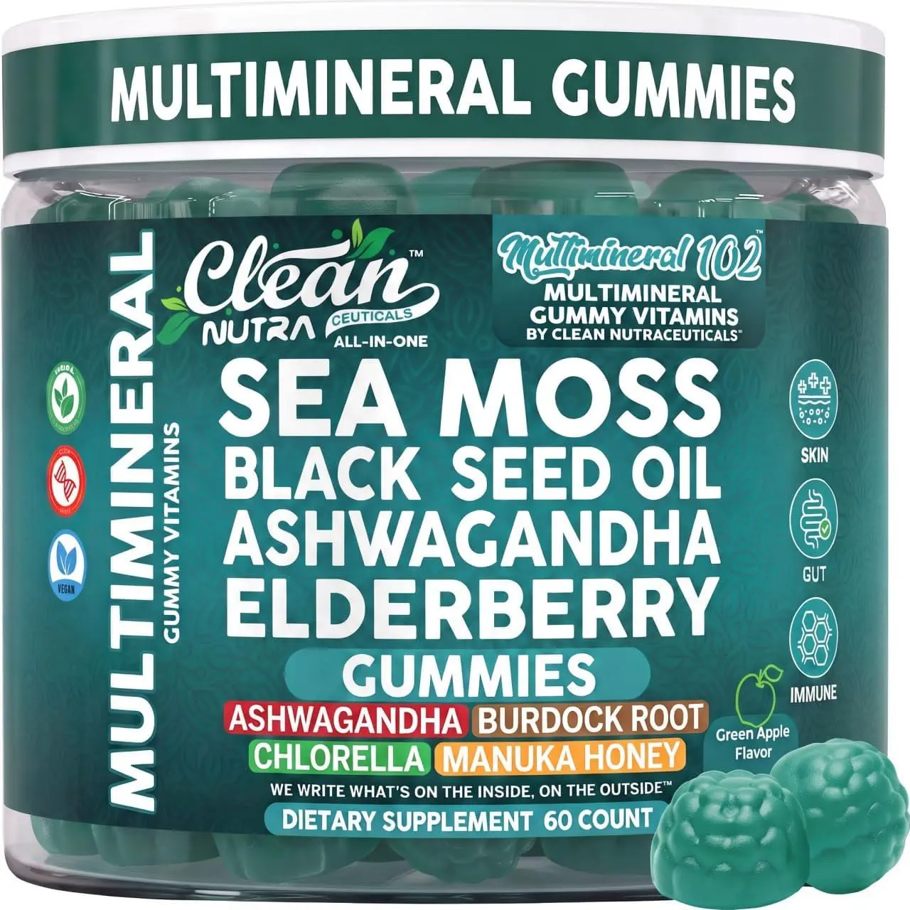 Clean Nutra Multimineral Sea Moss Gummies with Irish Sea Moss, Elderberry, Black Seed Oil, Ashwagandha, Burdock Root, Chlorella & Manuka Honey for Women Men - MultiMineral 102