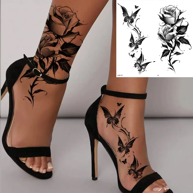 2 Sheets Paper Temporary Tattoos, Butterfly & Rose Style Waterproof Tattoos, Floral Design Fake Body Art for Women Arms Thighs Ankle, Tattoo Stickers