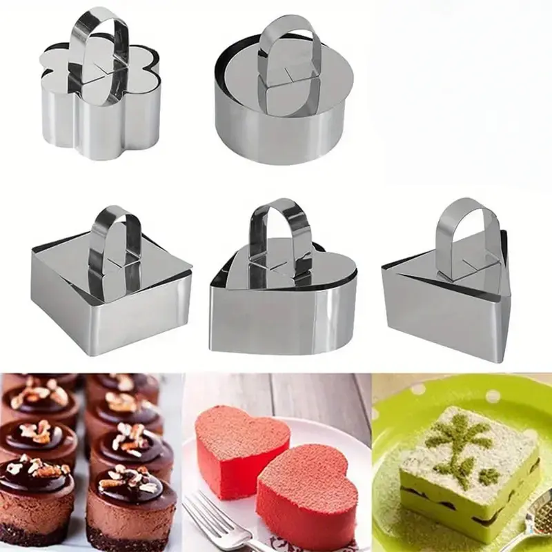 Stainless Steel 5-Piece Cake Ring Mold Set, Heart, Round, Square Shapes, Ideal for Halloween Holiday Cakes, Baking, Fondant, Cheese Cakes, Baking Tools, Baking Supplies