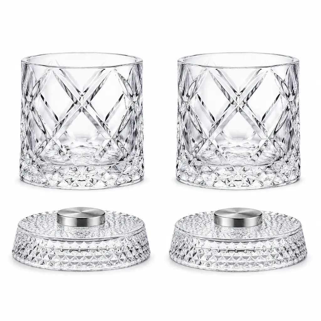 2-Pack Rotating Whiskey Glasses, 280 mL with Spinning Bases, Diamond-Cut Pattern, Wide Rims, Light-Reflecting Detail, Classic Drinkware for Home Bars, Cocktail Evenings