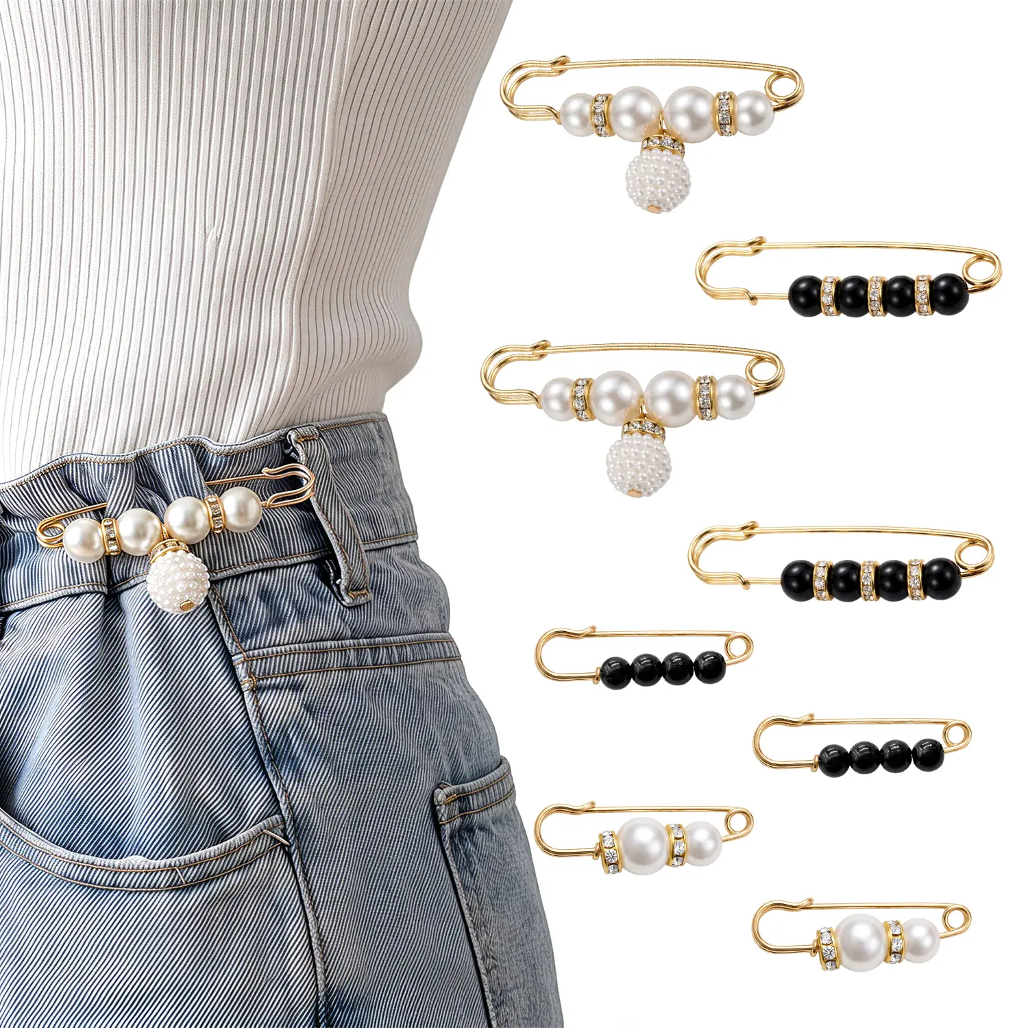 LZDJTQ 8 Pcs Pearl Brooch Pins, Clothing Dresses Decoration, No Sewing Sweater Shawl Safety Pins Cardigan Collar Safety Pins for Women Faux Pearl Pant Tightener, Mixed Style Assortment