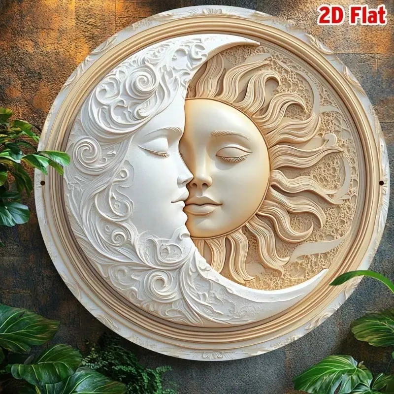 Aluminum Retro Sun and Moon Wall Art Round 8 Inch Metal Sign Artistic Vintage Style Home Decor Hangings for Living Room Bedroom Office