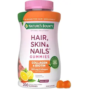 Nature's Bounty Optimal Solutions Hair, Skin and Nails Collagen Pectin Gummies, 100 mg Collagen and 2,500 mcg Biotin Per Serving, No Stick Gummy, Tropical Citrus Flavor, 200 ct, 100 Total Servings