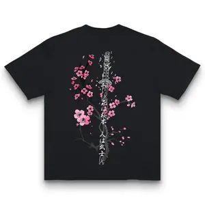 Japanese sword and sakura flowers shirt mens womens zen style casual streetwear oversized spring summer graphic tee