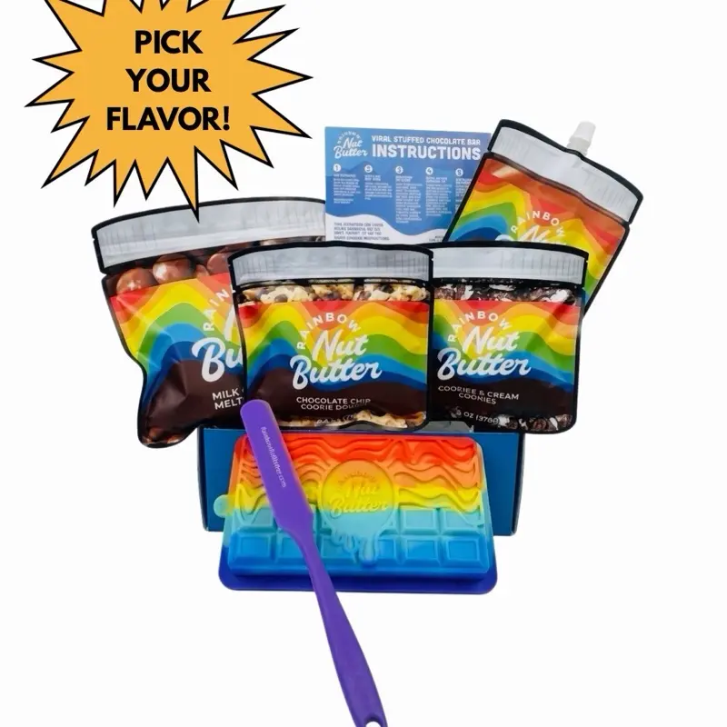 Rainbow Nut Butter DIY Chocolate Making Kit Gift Box - You Pick Flavor, Reusable Rainbow Color Rectangle Silicone Mold, Creamy Melting Wafers, Silicone Wand, Instructions, Milk Dessert, Optional Peanut Butter