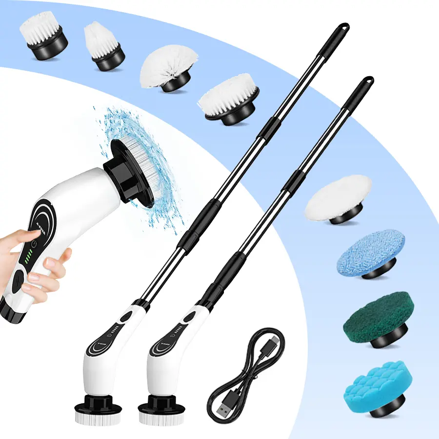 Cordless Handheld Rechargeable Spin Scrubber - Portable Wireless Cleaning Tool with Adjustable Retractable Design, 8 Replaceable Attachments Accessory Kit for Kitchen, Bathroom Cleaning, Cordless Handheld Scrubber