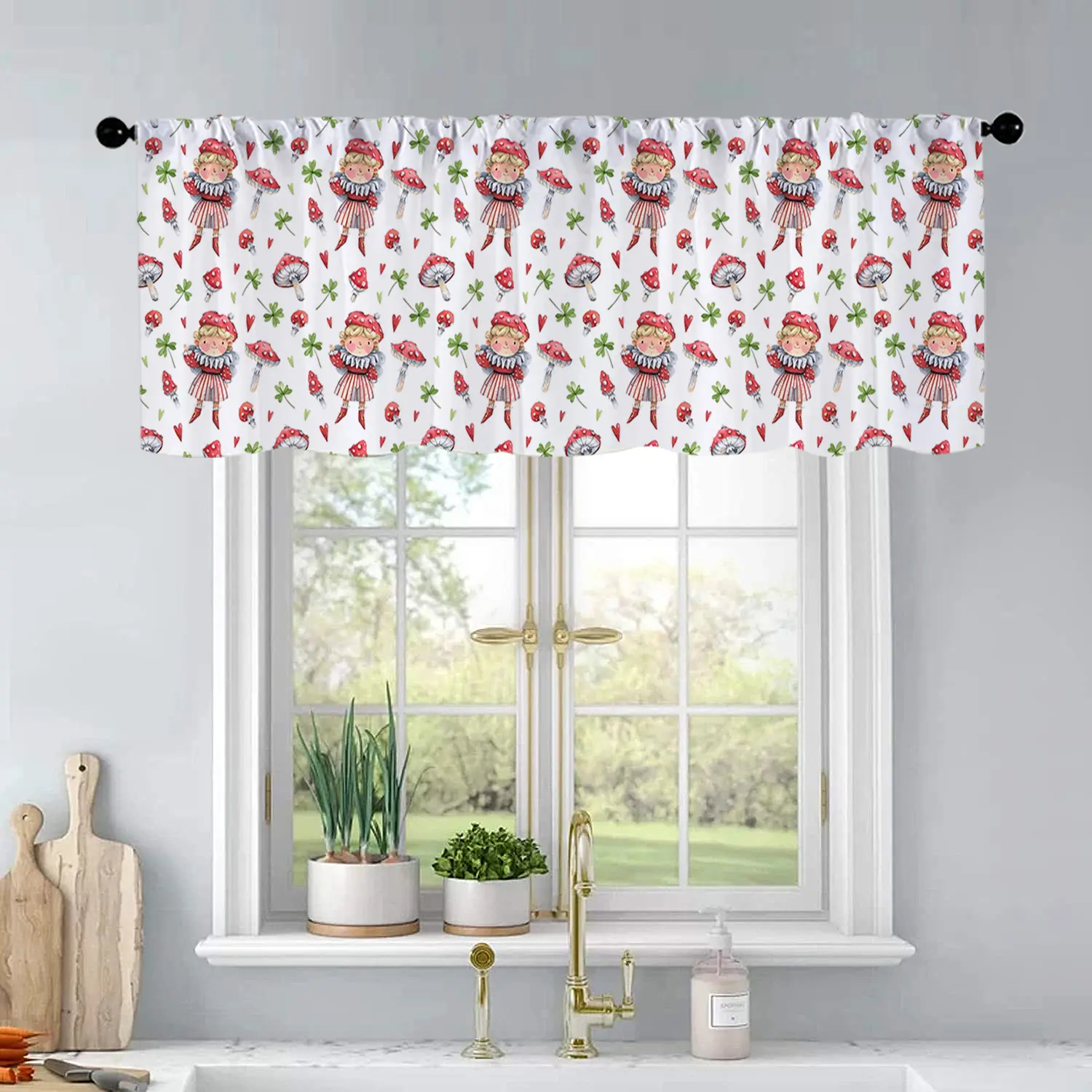 1pc Christmas and New Year printed kitchen curtains Cute cartoon background with fly agaric curtains valance window treatment living room bedroom home decor 54 x 18 inch