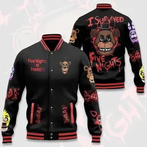 Fnaf Survivor-Themed Varsity Bomber With Retro Gamer Visuals, Horror Streetwear Jacket Crafted For Fans Who Love Collectible Gaming Apparel