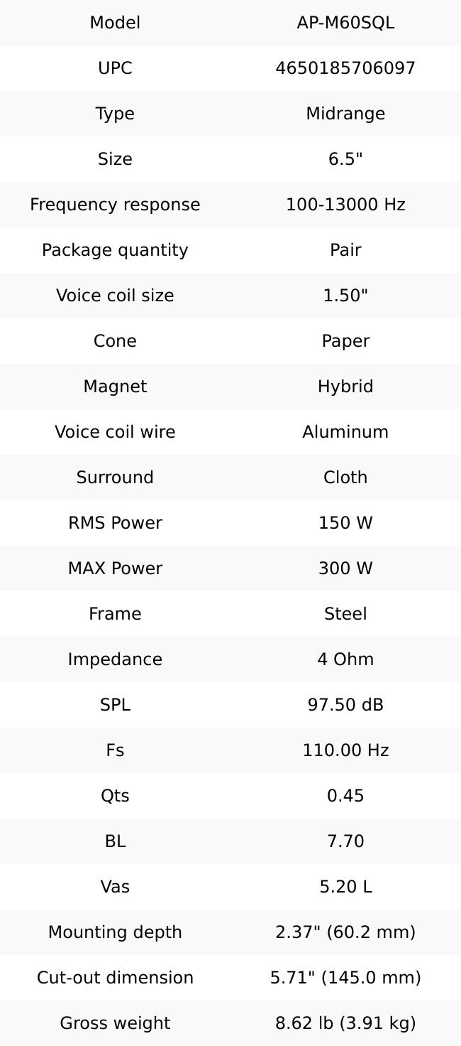 Deaf Bonce Apocalypse AP‑M60SQL 6.5″ Mid‑Range Speakers – 150W RMS / 300W Max, 4‑Ohm Pair