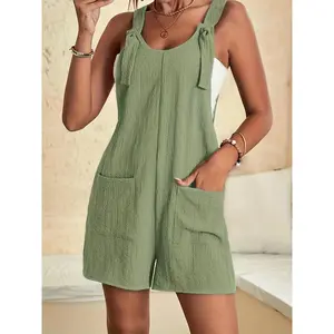 Women's Casual Sleeveless Jumpsuit with Pockets, Polyester 95% Spandex 5% Woven Fabric, Solid Color All-Season Overalls with Strap Collar, Ladies Jumpsuits