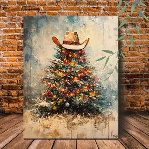 Western Cowboy Hat Christmas Tree Canvas Art Print - Rustic Wooden Frame Wall Decoration with Colorful Lights and Snow Scene Details, Ready to Hang in Bedroom, Living Room, Holiday Home Decoration Gift, Cowboy Christmas Decoration, Perfect Room Decoration