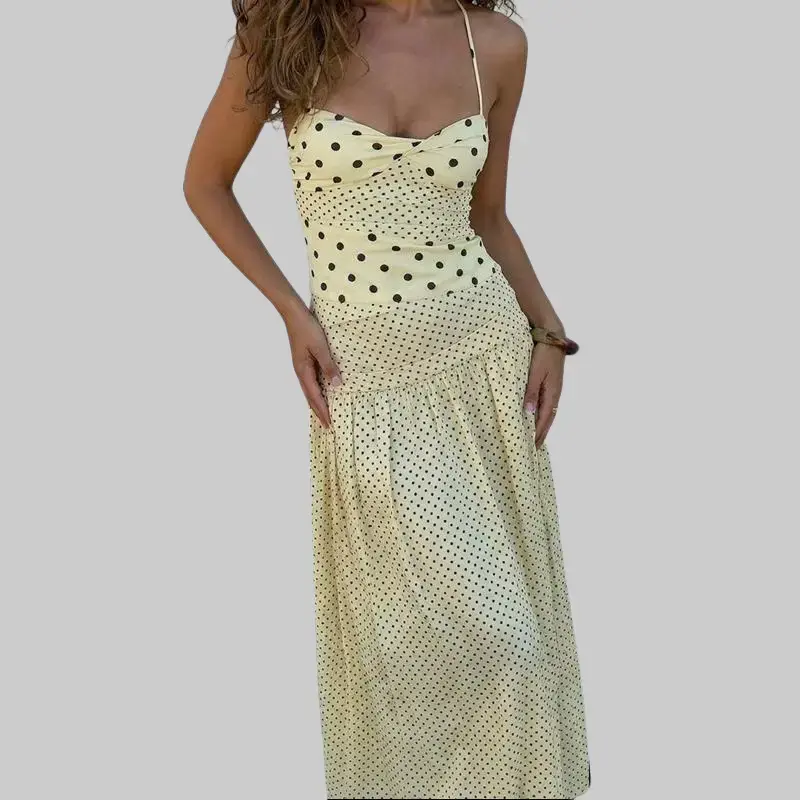 Women's Casual Polyester Knit Polka Dot Spaghetti Strap Ruched Tiered Maxi Dress - 2026 Spring Summer Vintage Sexy Slim-Fitting Lady Clothes, Sleeveless