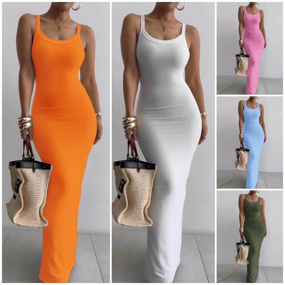 ChicMe Women Spaghetti Strap U-Neck Casual Maxi Dresses Slim Fit Cami Dress/Elegant Solid Color Cami Lounge Dress Party