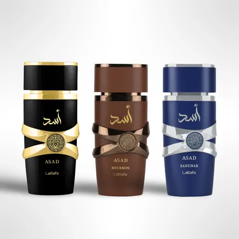 Lattafa Men's EDP Arabian Perfume Trio Set - 3 Unique 100ml/3.4fl oz Multi-Scent Woody Scent Fragrances (Asad, Bourbon, Zanzibar) - Daily Wear Gifts for Him Men's Fragrance Collection