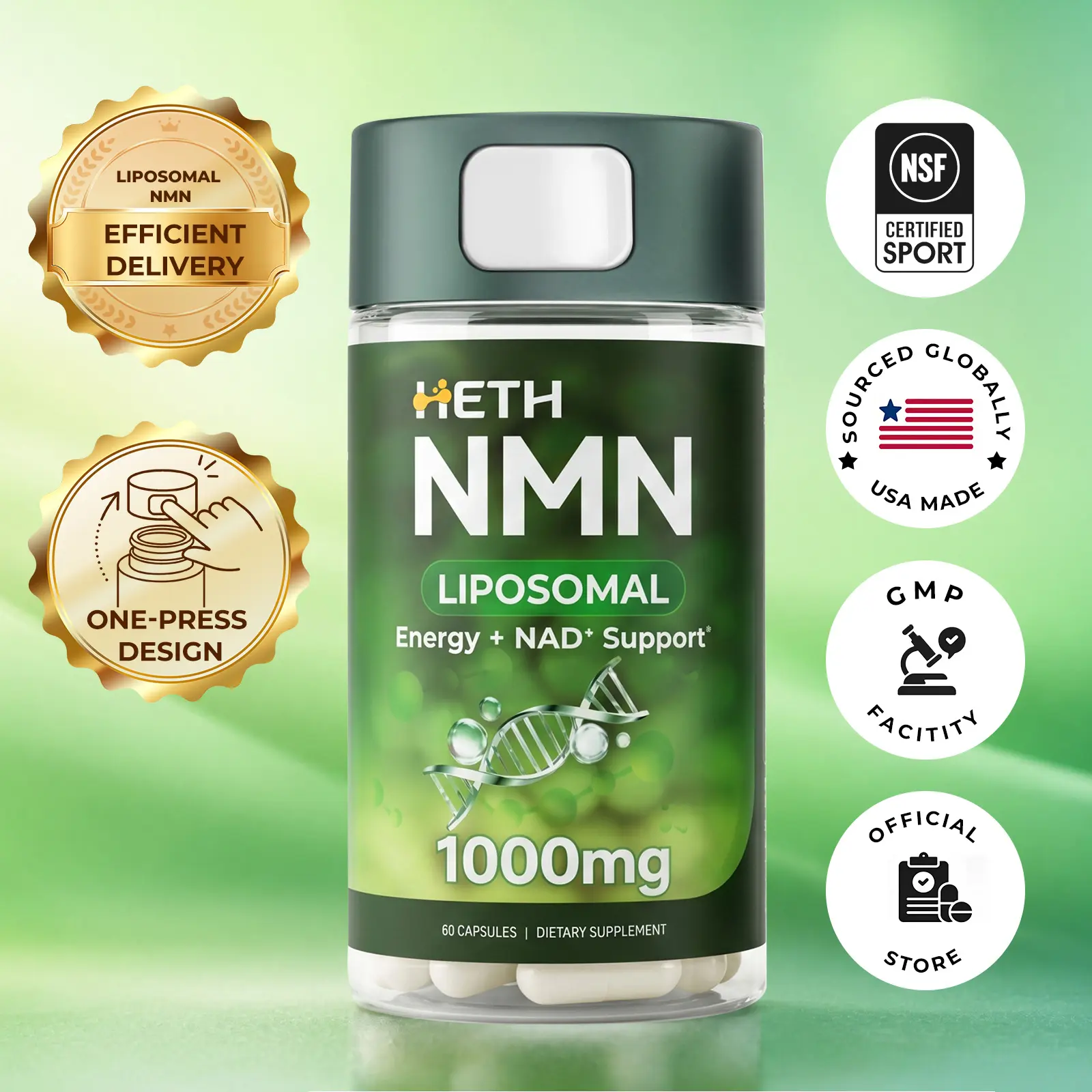 HETH Liposomal NMN 1000mg Supplement NAD+ & Cellular Energy Support 4-in-1 Formula with Resveratrol Taurine & TMG 60 Vegan Capsules GMP Certified Non-GMO Made in USA Healthcare Vitamin
