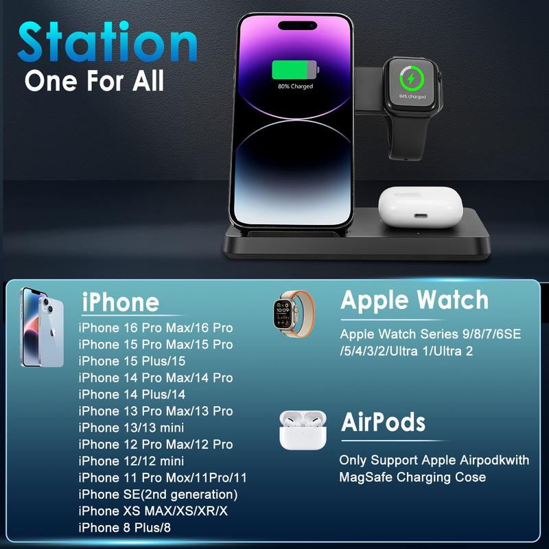 3-in-1 Fast Wireless Charger for iPhone 8-17, Apple Watch, AirPods Pro | Includes 18W Adapter | 15W iPhone + 7.5W Watch + 10W Earbuds Fast Charging | Safe & Stable with Anti-Slip Base