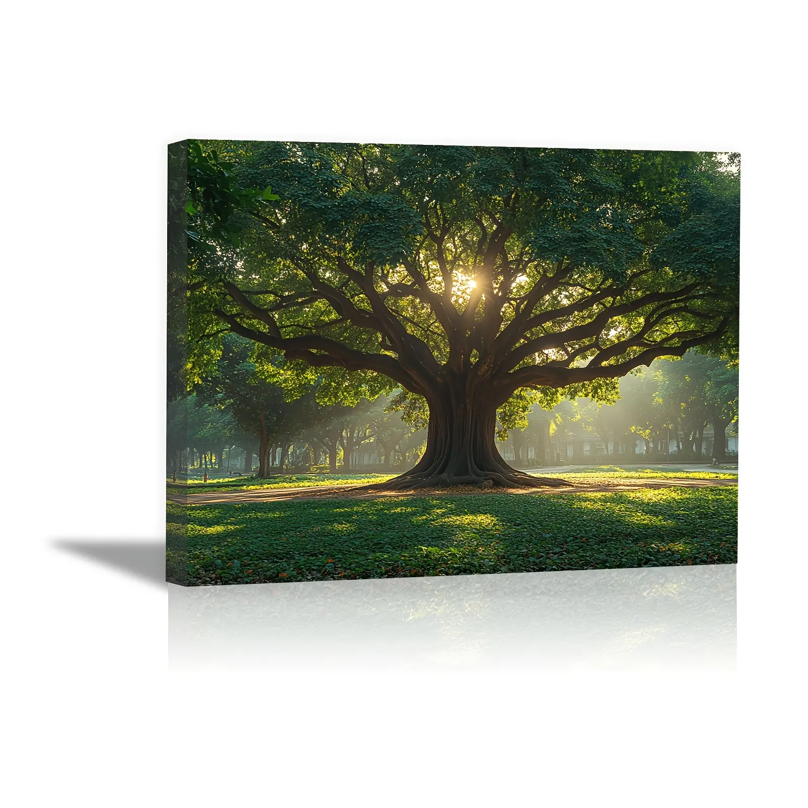 Nature Plant Canvas Wall Art - Large Nature Tree Art Wall Decor Featuring Sunshine Through Green Oak Tree Painting, Framed Ready To Hang Home Decor Poster Decoration Living Room Ornaments Artistic Photo Print Hanging