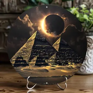 Aluminum Wall Art Egyptian Pyramids Eclipse Design 8 Inch Round Decorative Plaque for Home and Office Decor