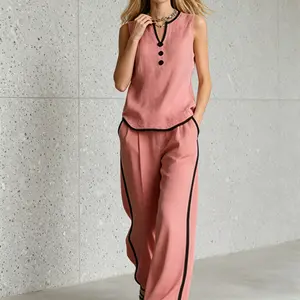 Women's Wide Leg Pants Boho Chic Contrast Trim V-Neck Sleeveless Set Two Piece Summer Outfits Flowy Beach Vacation Wear Loungewear Set for Women Mother's Day Present