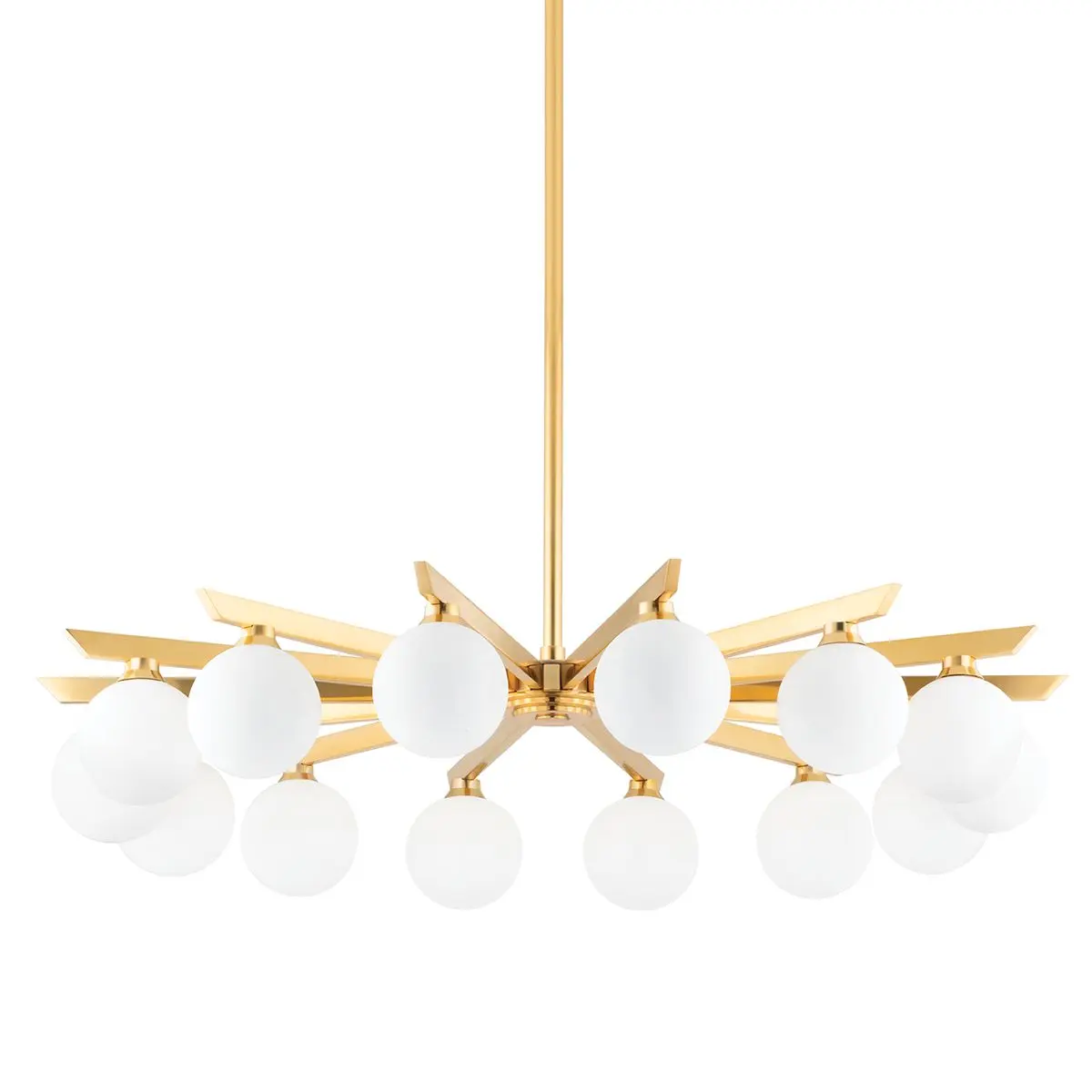 Large Astra Chandelier with Vintage Brass Arms and Opal Glass Globes for Elegant Ceiling Lighting