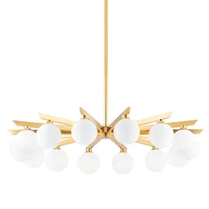 Large Astra Chandelier with Vintage Brass Arms and Opal Glass Globes for Elegant Ceiling Lighting